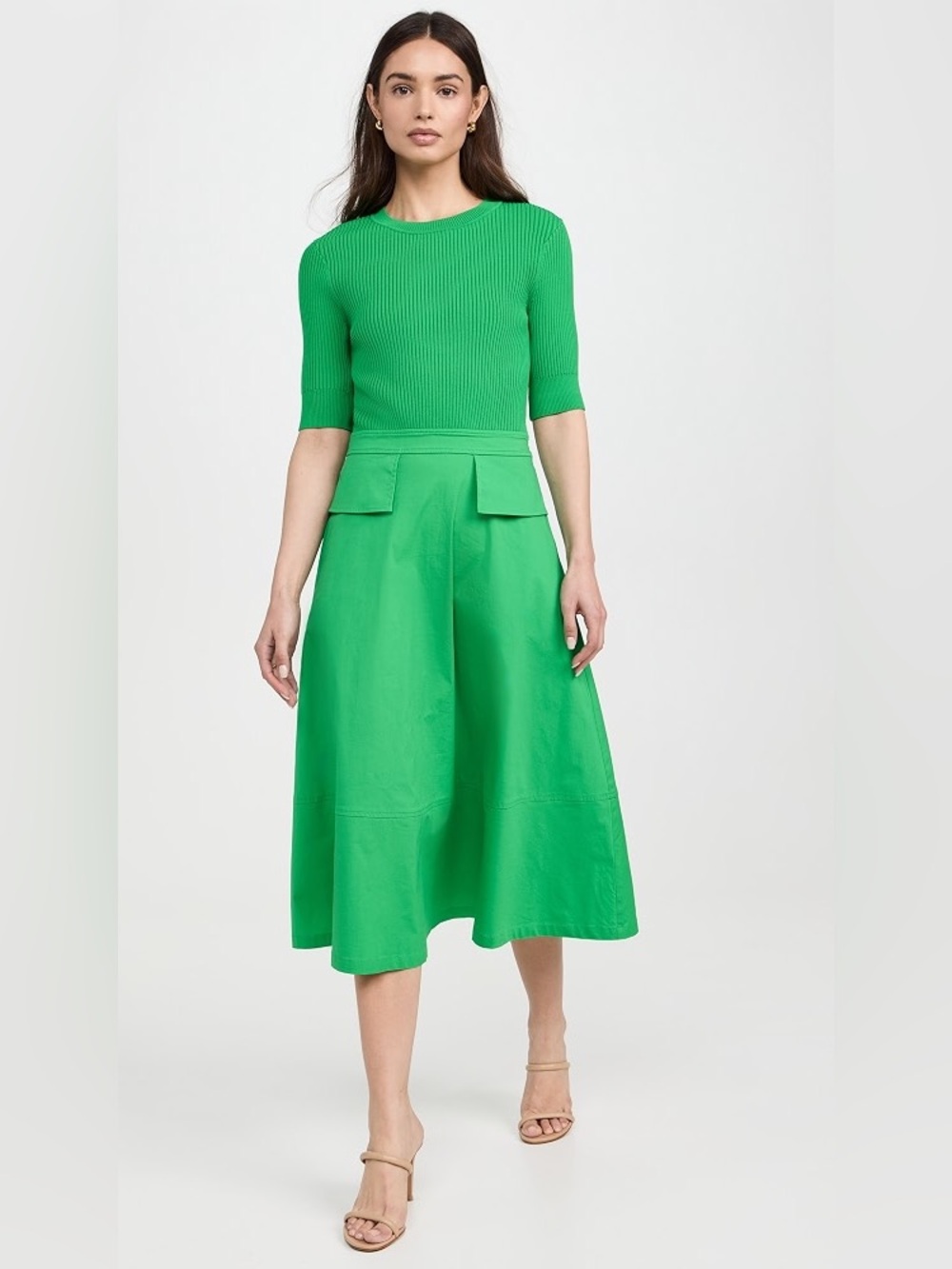 Shoshanna Women's Poplin Combo Knit Harriet Dress in Kelly green size large